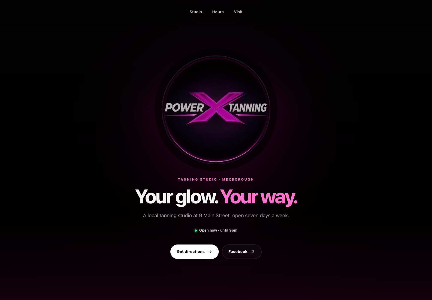 Power X Tanning website with black and neon pink branding